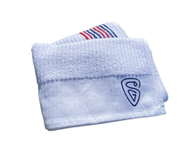 Load image into Gallery viewer, Suave Club Towel | White w/ Blue &amp; Red Stripes
